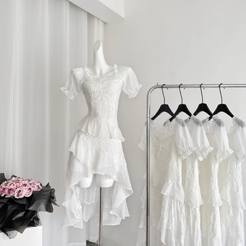 Niulatu High Low Square Neckline White Lace Ruffles Dress Beach Holiday Dresses SD286